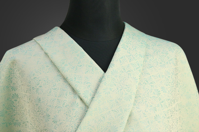 【受注生産品】ワタマサ 洗える正絹お召し着尺 千八三重織 ベージュ経 アラベスク菱文 no.50エメラルドブルー
