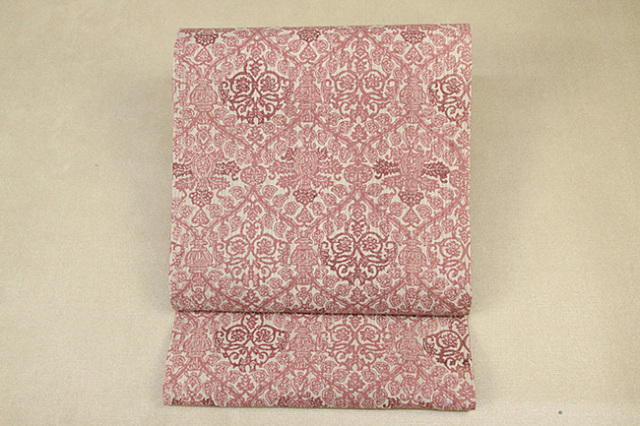 最旬ダウン 4576 名古屋帯 着物 正絹 ピンク系 八寸 花唐草に孔雀 着物 Labelians Fr