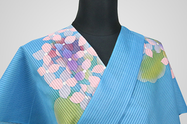 知多木綿 浴衣(ゆかた)　ろうけつ染め 紫陽花 青 ◆女性におすすめ◆