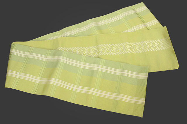 博多織 西村織物 正絹 半幅帯 結 振分格子  黄緑