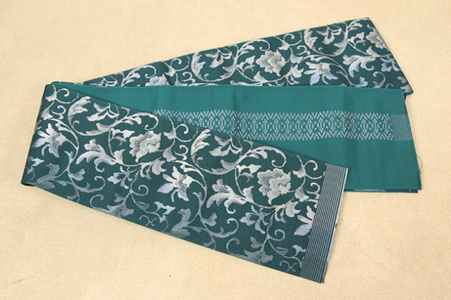 西村織物 結 博多織 正絹半幅帯 唐草ぼかし 絹100% 青緑
