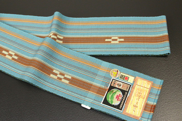 沖縄 伝統的工芸品 八重山ミンサー 木綿 角帯 水色×茶