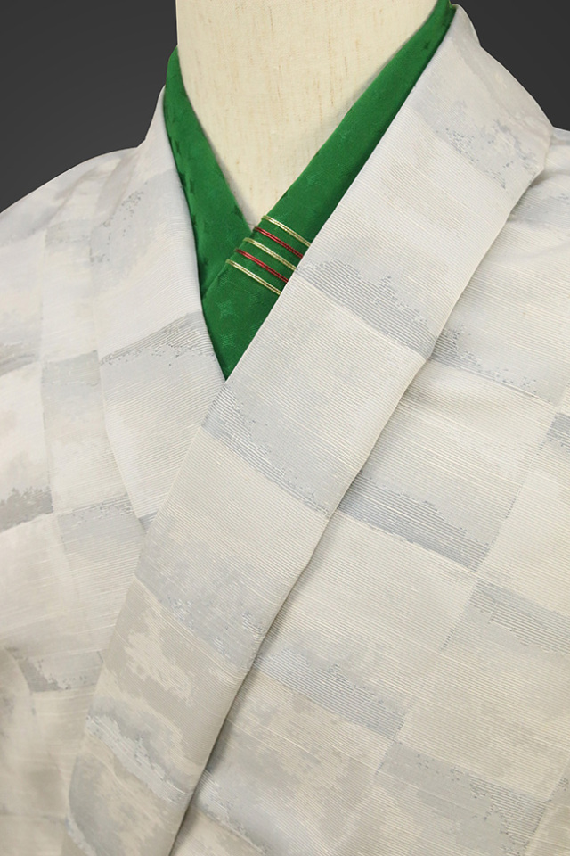 柴田織物 正絹お召し着尺 オーダー仕立て付 先染 箔 ブルーグレー