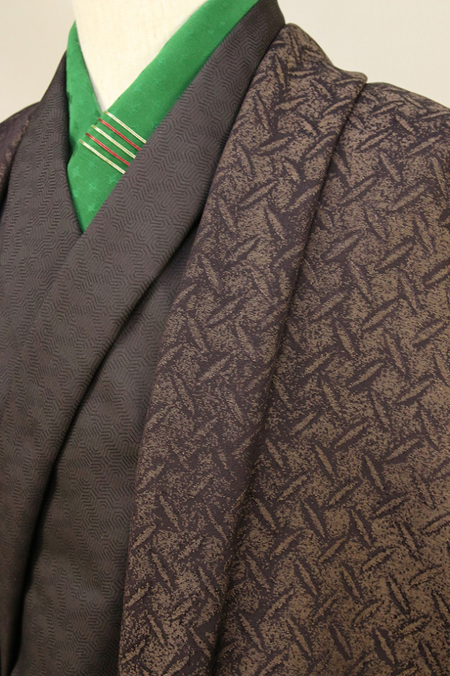 柴田織物 正絹お召し着尺 羽織仕立て付 後染 柿渋縞鋼板 焦げ茶