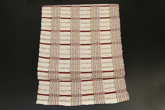 米沢織 綿さがの 八寸名古屋帯 ボーダー ベージュ×赤 お仕立て 