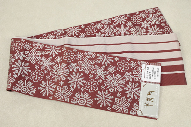 博多織 正絹 半幅帯 華麗樹 雪の結晶 赤