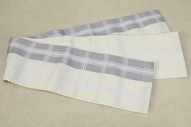 博多織 西村織物 正絹 半幅帯 結 振分格子  生成り×灰