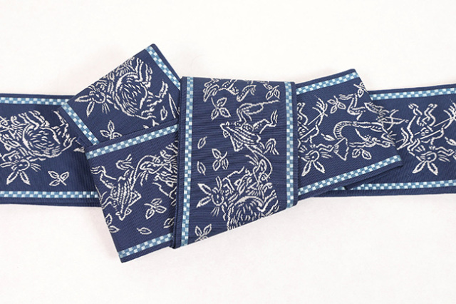 博多織 男帯 正絹 鳥獣戯画 青