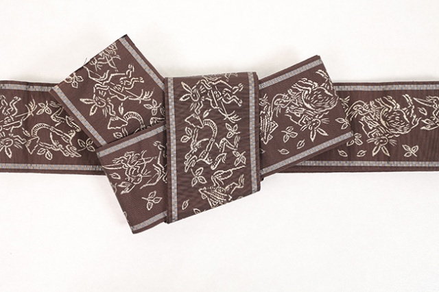 博多織 男帯 正絹 鳥獣戯画 茶