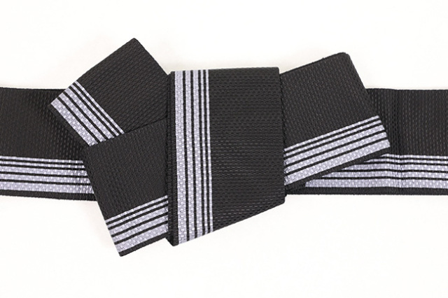 博多織 男帯 正絹 ストライプ 黒×灰
