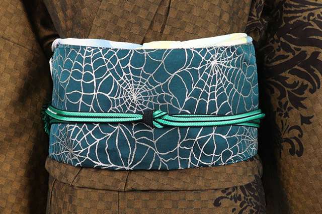 【受注商品】蔦屋久兵衛×あづまやオリジナル商品 ひとえ八寸帯（兵児帯） 蜘蛛の巣 緑