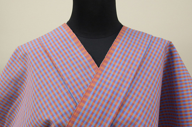 伊勢木綿 木綿着物 チェック 橙×水色 ◇背の高い人にオススメ◇