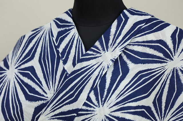 綿麻 夏着物 近江ちぢみ 楊柳 美術サロン 麻の葉 白×青