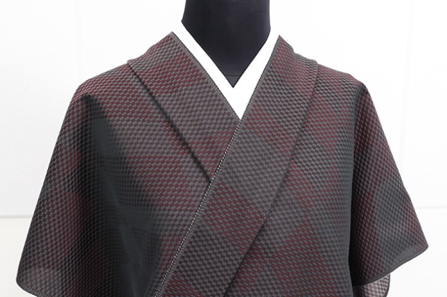 ワタマサ 洗える正絹お召し着尺 諸口 広幅  ダイヤチェック えんじ×こげ茶