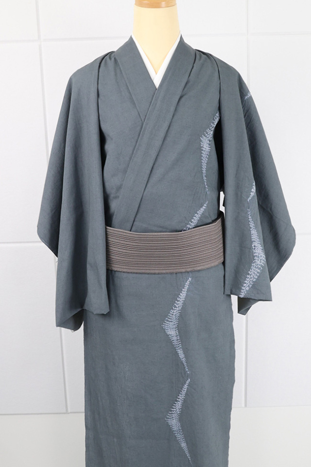 【受注商品】綿麻着物 あづまや×有松絞りオリジナル 波線 灰
