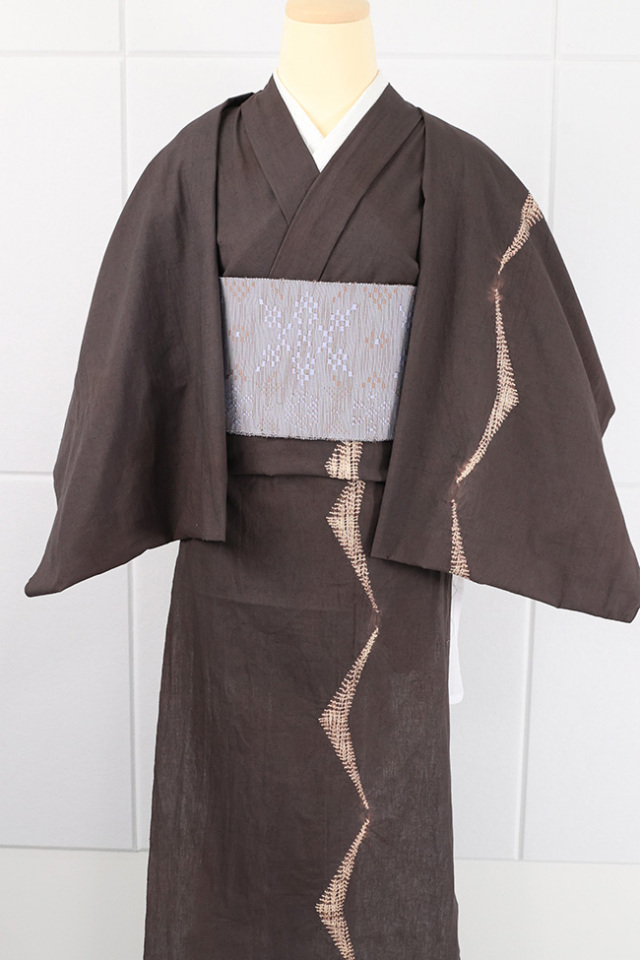 【受注商品】綿麻着物 あづまや×有松絞りオリジナル 波線 茶