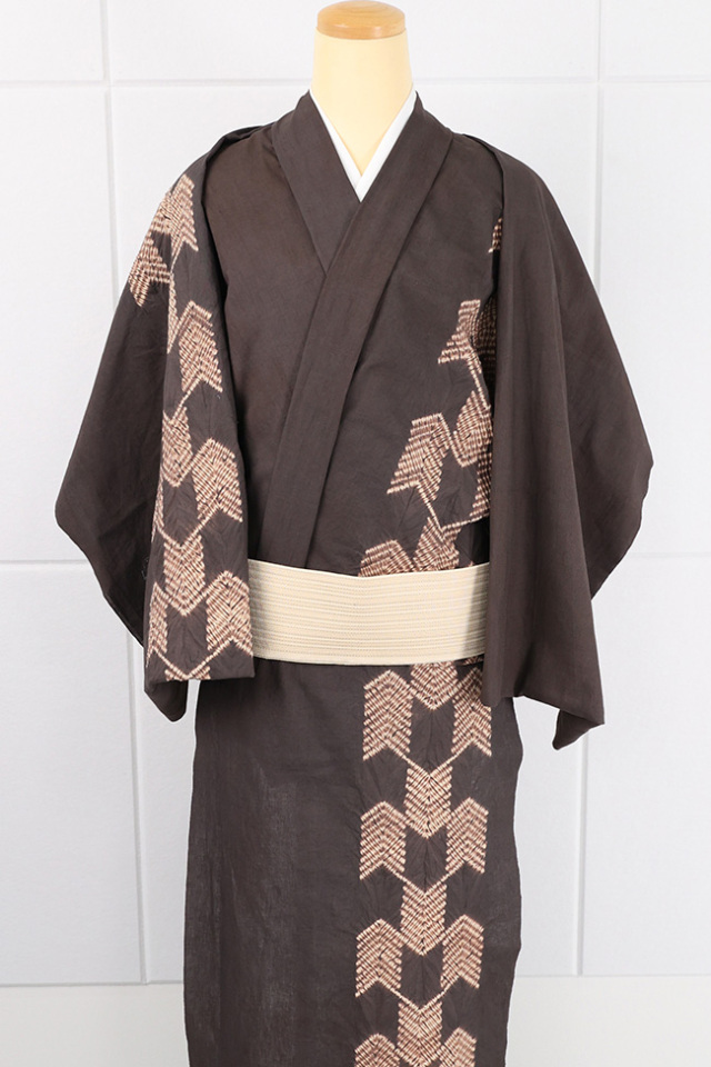 【受注商品】綿麻着物 あづまや×有松絞りオリジナル 矢羽根 茶