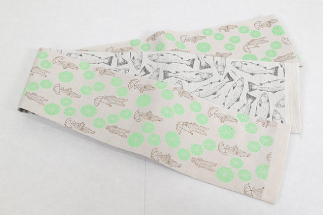 西陣織 蔦屋久兵衛 絹麻両面半幅帯 クマ ベージュ