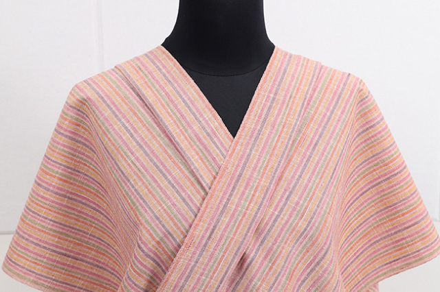 遠州木綿 木綿着物 遠州縞 薄ピンク×カラフル ◇男女兼用◇