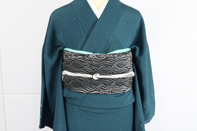 ワタマサ ひとえ八寸帯（兵児帯）万年青 黒×プラチナ