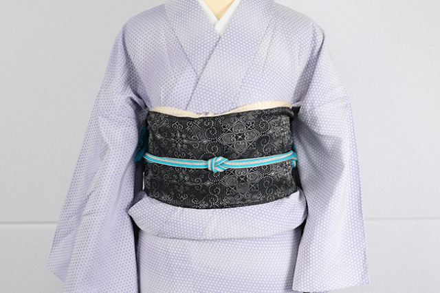 ワタマサ ひとえ八寸帯（兵児帯）華紋に唐草 黒