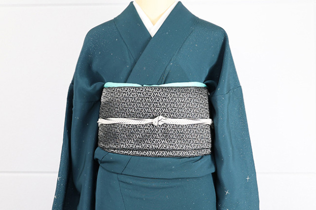 ワタマサ ひとえ八寸帯（兵児帯）正六角 黒×プラチナ