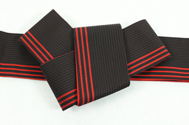博多織 西村織物 麻絹 角帯 黒×赤×こげ茶 リバーシブル