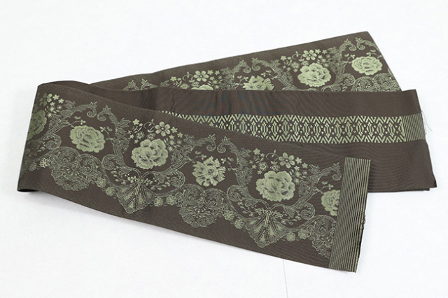 博多織 西村織物 正絹 半幅帯 結 フレンチレース カーキ