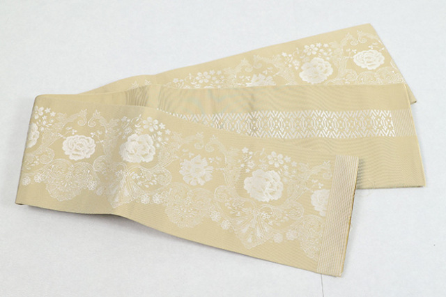 博多織 西村織物 正絹 半幅帯 結 フレンチレース ベージュ