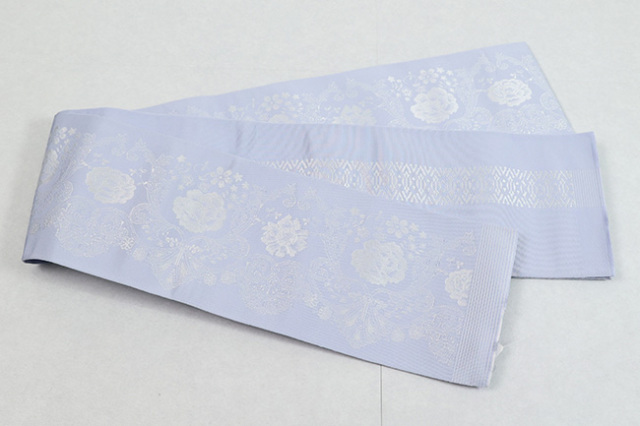 博多織 西村織物 正絹 半幅帯 結 フレンチレース 水色