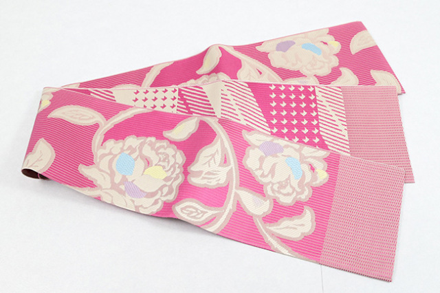 博多織 正絹 半幅帯 花 ピンク