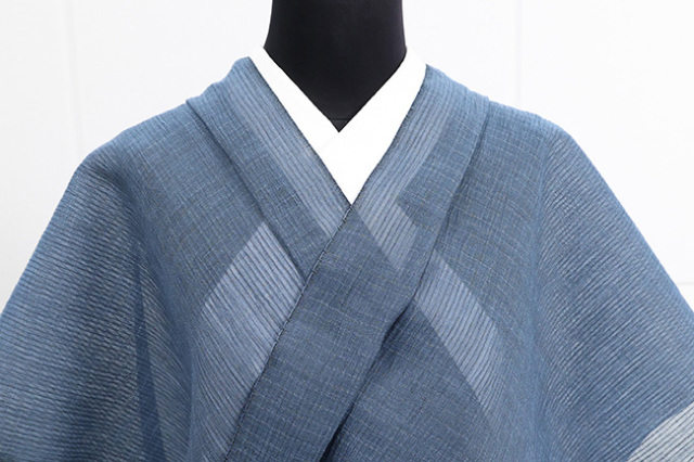 夏着物 小千谷ちぢみ 吉新織物 楊柳 格子 紺
