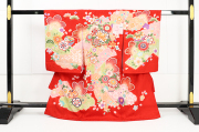 女児着物 お宮参り祝い着 産着 赤地 友禅柄 刺繍入 のしめ初着