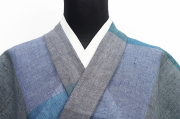 本麻 夏着物 近江 ルポワン染め チェック 灰色×青×青緑