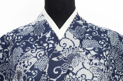 紺仁工房 綿麻紅梅 夏着物 越後型染 裂取更紗 菊 紺