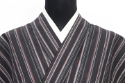 近江ちぢみ 綿麻 夏着物 広幅 楊柳 縞 墨黒×ピンク