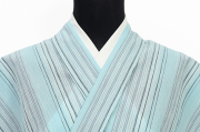近江ちぢみ 綿麻 夏着物 広幅 楊柳 縞 水色×灰色
