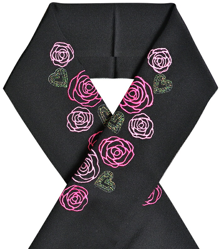 正絹刺繍半衿　黒地　薔薇ハート（濃いピンク）　【シルク半襟】【成人式】【卒業式】【振袖】【袴】