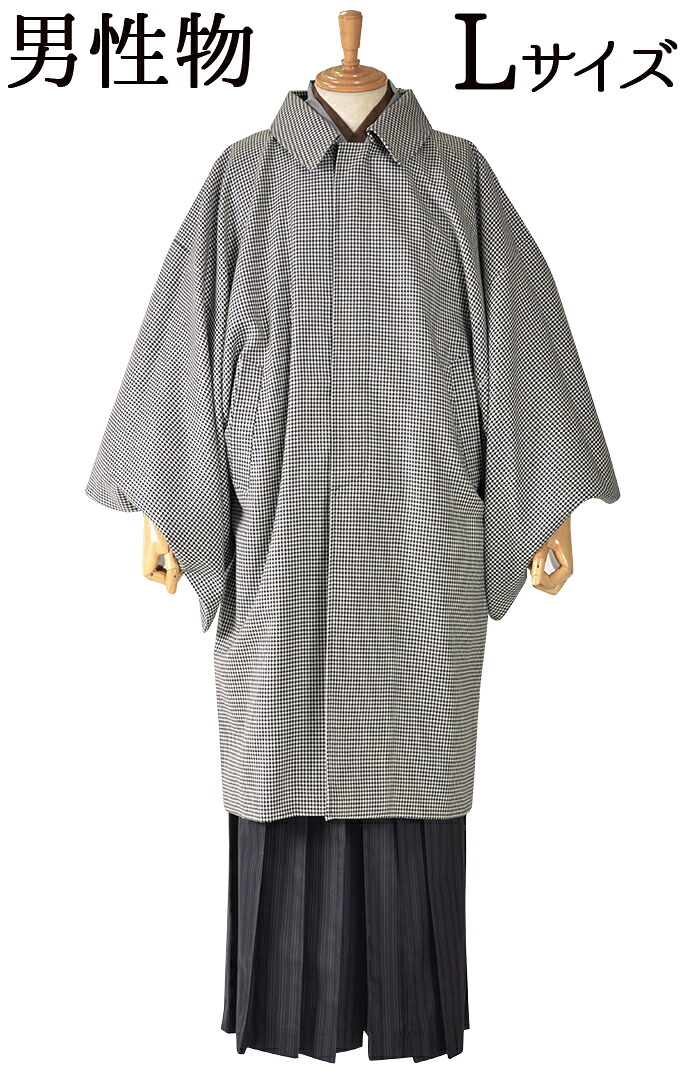 男物　ウール　角袖防寒コート　黒×白　ギンガムチェック　Ｌサイズ（身長１６６ｃｍ前後）　【メンズ】【和装コート】【日本製】【冬物】
