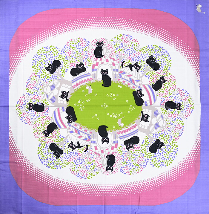 シャンタン生地　大風呂敷　１０５センチ　≪花衣≫　黒猫　ピンク×パープル　【バッグ】【お土産】【大判】【三巾】