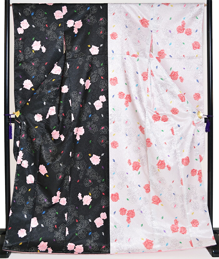 ≪卒業式・成人式向け≫　振袖　単品　黒×白×ピンク　薔薇（バラ）　身丈１６６ｃｍ　【Ｌサイズ】【トールサイズ】【洗えるきもの】【結婚式】