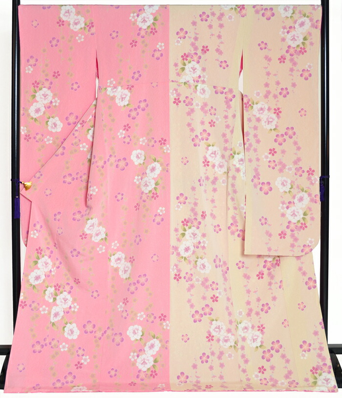 ≪卒業式・成人式向け≫　ちりめん振袖　単品　ピンク×ミルキークリーム　桜柄　身丈１７４ｃｍ　【２Ｌサイズ】【トールサイズ】【洗えるきもの】【結婚式】