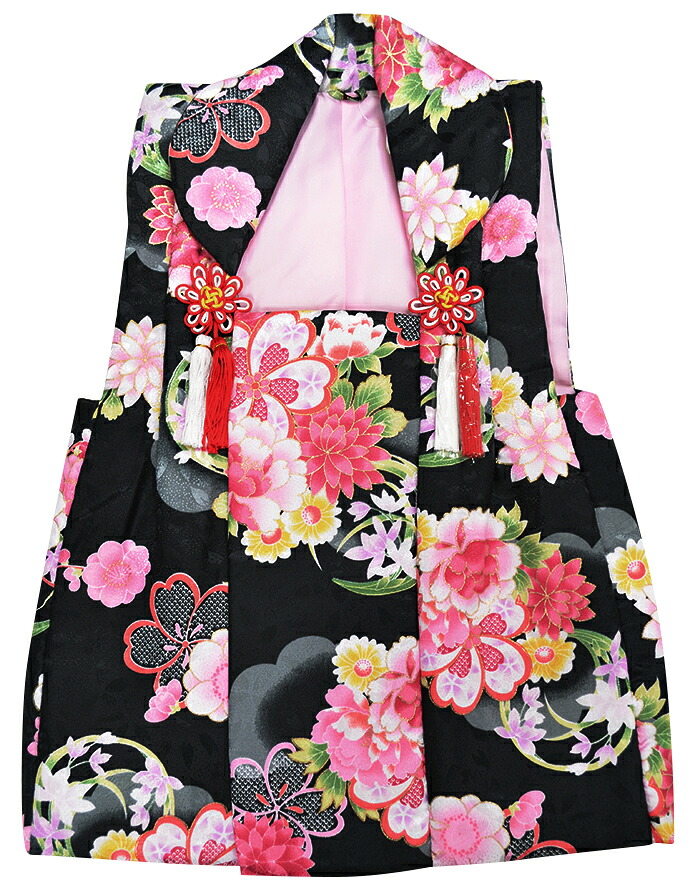 ポリエステル　被布コート　七五三　３歳女の子　黒　桜や菊、牡丹と花の丸　【７５３　三歳】【三ツ身】【単品】【女児】