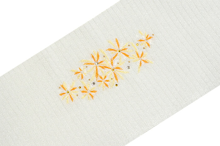 ポリエステル　夏物ちりめん　刺繍半衿　絽　白×山吹色　花火（ラインストーン付き）　【洗える半襟】【日本製】【夏きもの】