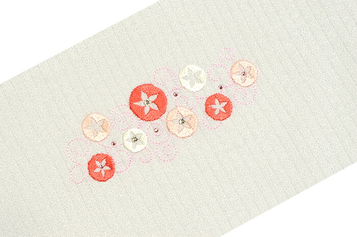 ポリエステル　夏物ちりめん　刺繍半衿　絽　白×赤　朝顔（ラインストーン付き）　【洗える半襟】【日本製】【夏きもの】