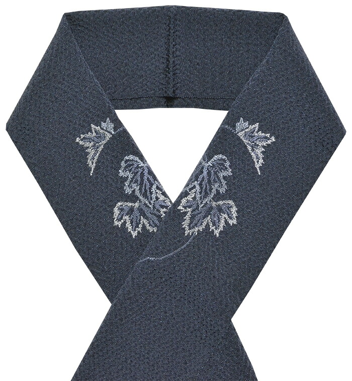 正絹　うずら縮緬刺繍半衿　濃紺　葉　【シルク半襟】【男性・女性】【日本製】