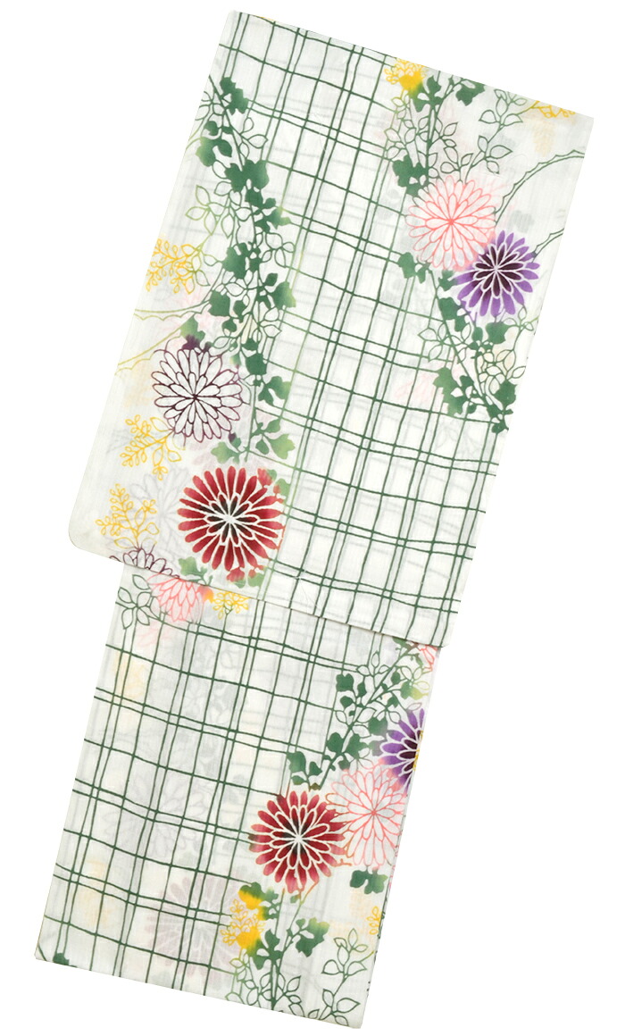 お仕立て上がり　綿麻浴衣　単品　白×緑　菊と格子　【フリーサイズ】【日本製】【古典柄】