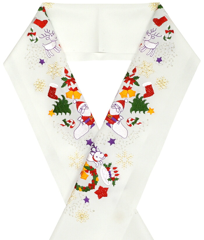ポリエステル　クリスマス刺繍半衿　白×カラフル　サンタクロースとトナカイ、雪だるま　【洗える半襟】【女性・男性】【レディース・メンズ】【Christmas】【SantaClaus】【Xmas】【日本製】