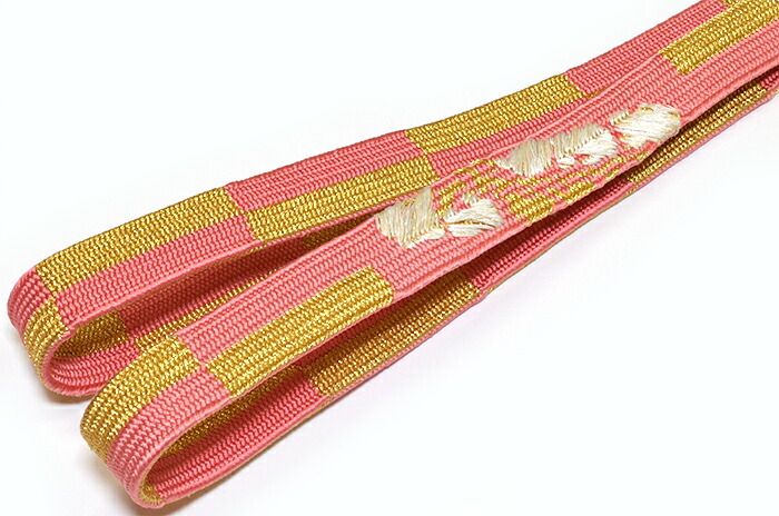 振袖向き　正絹帯締め　平組サーモンピンク×ゴールド　市松【帯じめ】【ふりそで】【成人式】