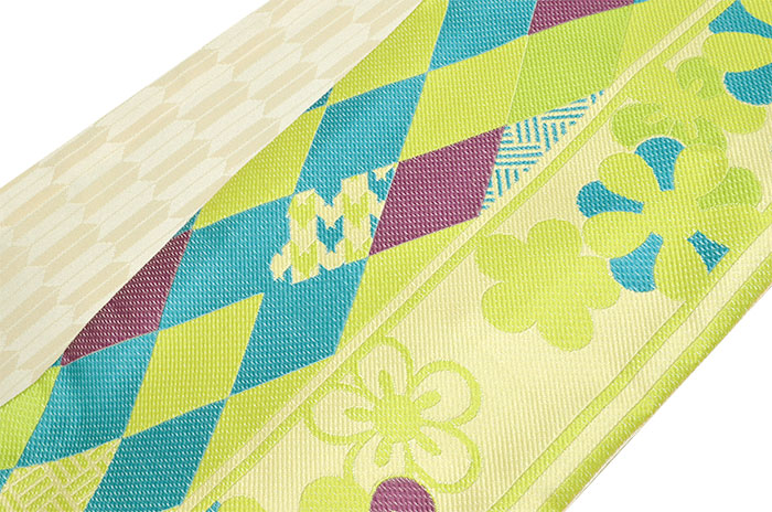 両面半巾帯　グリーン（花と菱型）×ベージュ（矢羽根）　【小袋帯】【浴衣帯】【半幅帯】【細帯】【レディース】【日本製】
